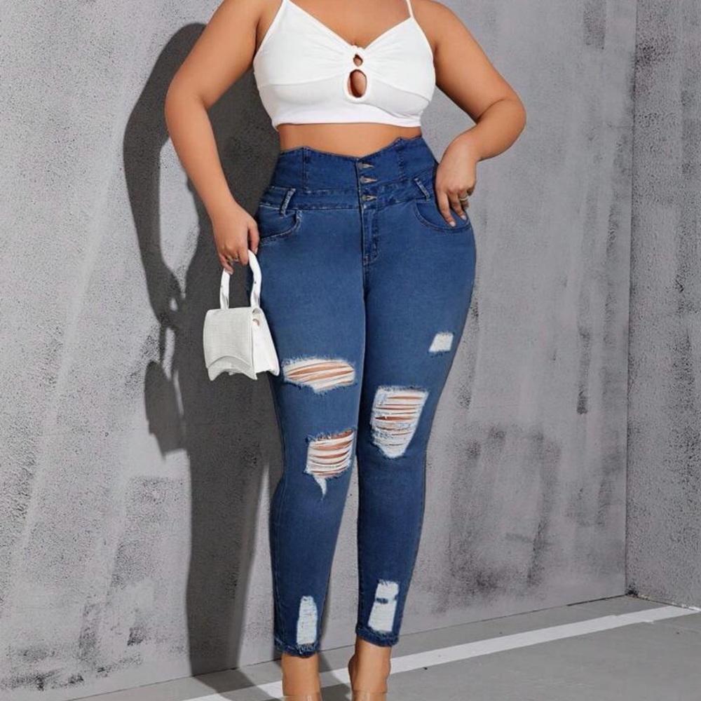 Plus High-Waisted Ripped Distressed Blue Jeans